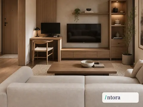 Стол рядом с ТВ-стеной из дерева