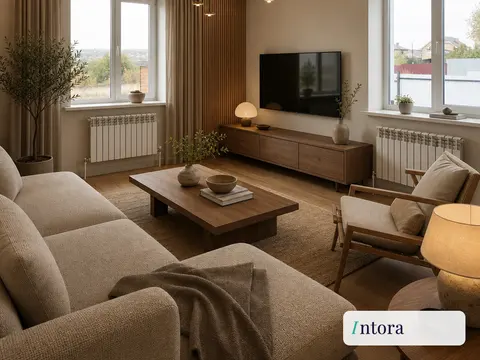 Два окна, низкий деревянный стол и кресло
