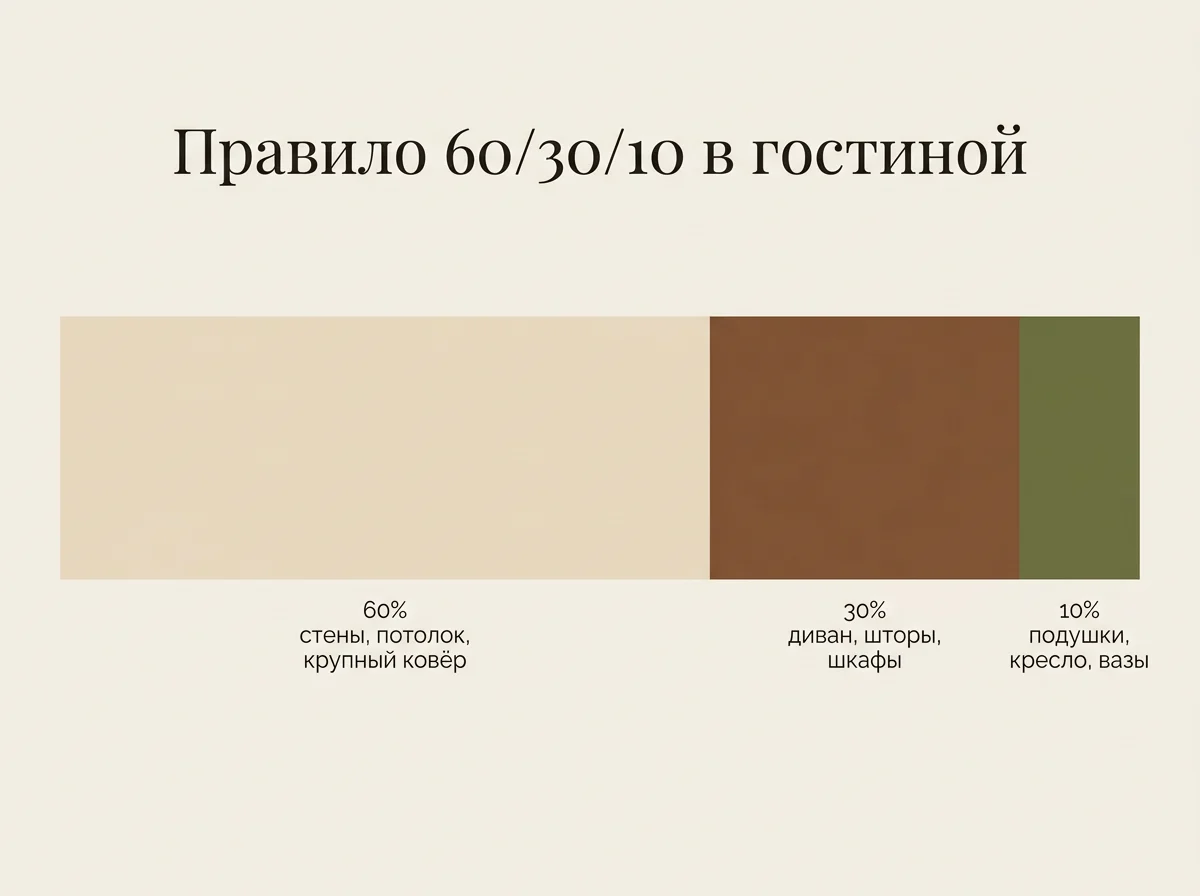 Правило 60/30/10: 60% молочный беж — стены и ковёр, 30% ореховый — диван, шторы, шкафы, 10% оливковый — подушки и кресло