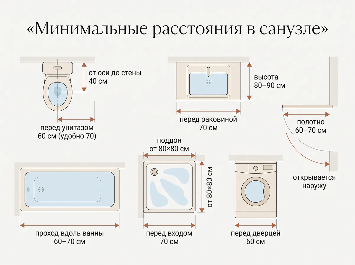 Схема минимальных расстояний в санузле: перед унитазом 60 см, от оси унитаза до стены 40 см, перед раковиной 70 см, проход вдоль ванны 60–70 см, поддон от 80 на 80 см, перед дверцей стиральной машины 60 см, дверь 60–70 см