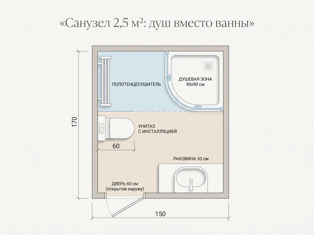 План санузла 150 на 170 см: угловой душ 90 на 90 см, подвесной унитаз на инсталляции, раковина 50 см у двери и полотенцесушитель