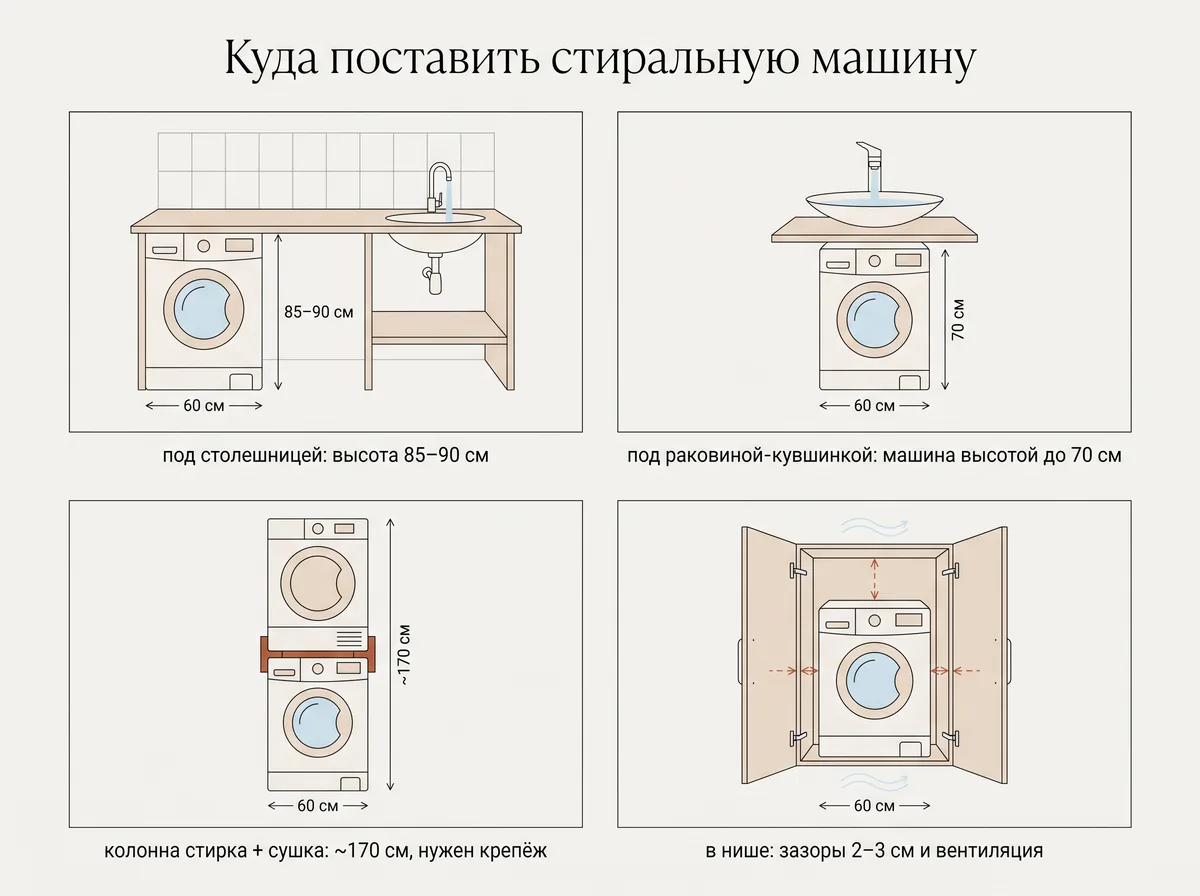 Четыре варианта размещения стиральной машины: под столешницей высотой 85–90 см, компактная машина под раковиной-кувшинкой, колонна стирка плюс сушка около 170 см, машина в нише с зазорами и вентиляцией