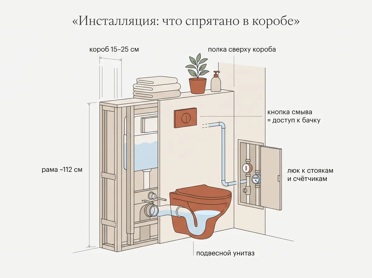 Разрез стены с инсталляцией: рама около 112 см в коробе глубиной 15–25 см, подвесной унитаз, кнопка смыва, ревизионный люк к стоякам и счётчикам, полка сверху короба