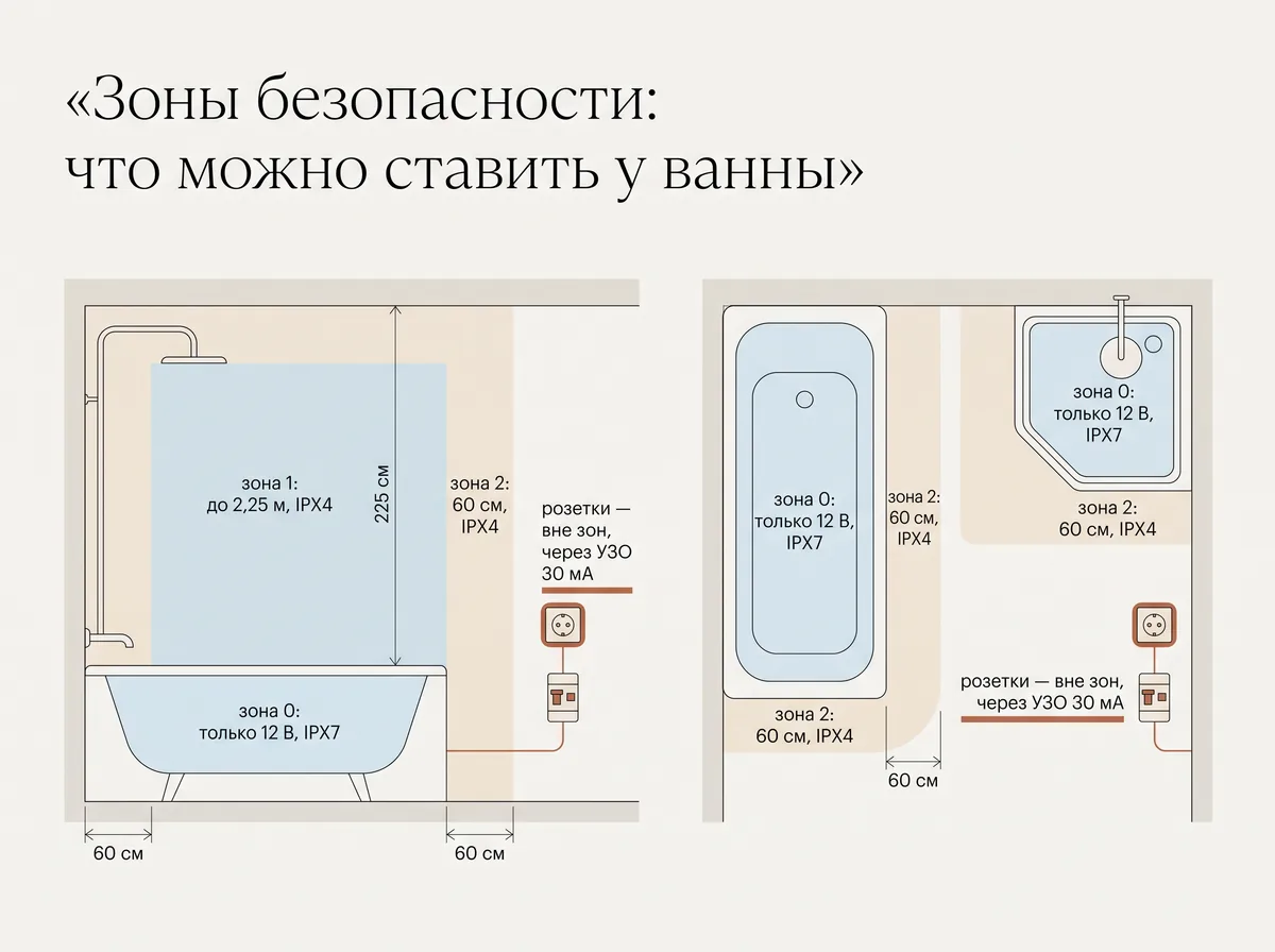 Схема зон электробезопасности у ванны и душа: зона 0 внутри ванны — 12 В и IPX7, зона 1 до 2,25 м — IPX4, зона 2 шириной 60 см — IPX4, розетки вне зон через УЗО 30 мА