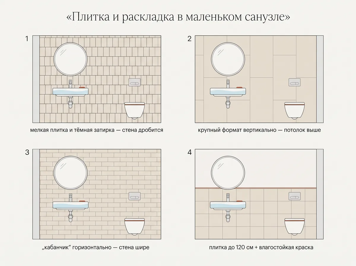Четыре варианта отделки одной стены санузла: мелкая плитка с тёмной затиркой, крупный формат вертикально, плитка кабанчик горизонтально, плитка до 120 см и краска выше