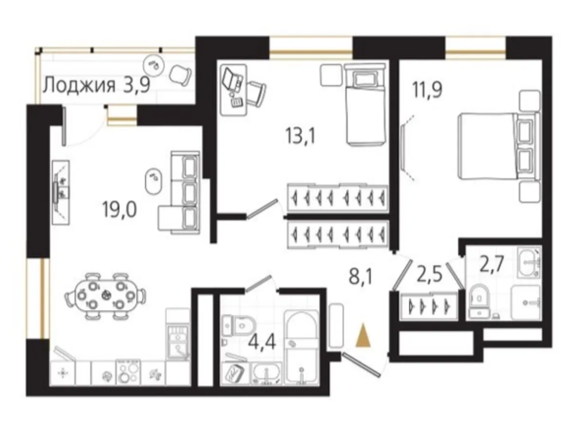 Схема двухкомнатной квартиры: кухня-гостиная 19 м², спальни 13,1 и 11,9 м², лоджия, прихожая, ванная и санузел