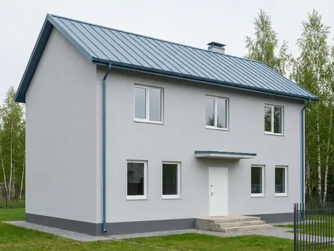 Дом с синей кровлей, светло-серыми стенами и графитовым цоколем