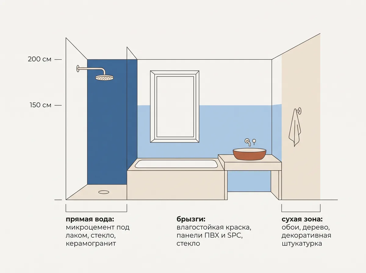Схема трёх зон ванной: прямая вода в душе до 2 м, брызги над ванной и у раковины, сухая зона, с подписями подходящих материалов