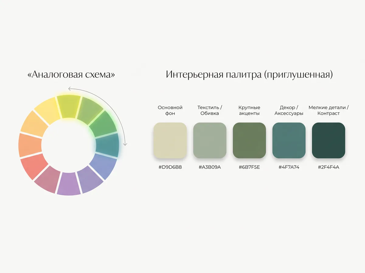Аналоговая схема: три соседних сегмента круга — жёлто-зелёный, зелёный, сине-зелёный — и их приглушённые интерьерные версии