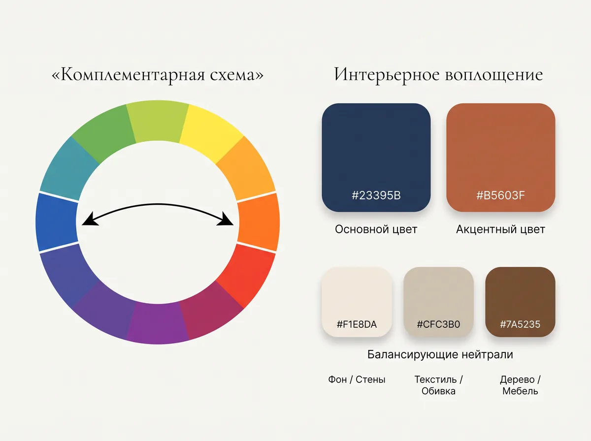 Комплементарная схема: стрелка между синим и оранжевым на круге, интерьерная палитра из тёмно-синего, терракоты и трёх нейтральных цветов