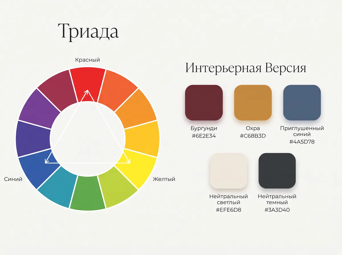Триада на цветовом круге: треугольник между красным, жёлтым и синим, палитра из бордо, охры, приглушённого синего и нейтральных