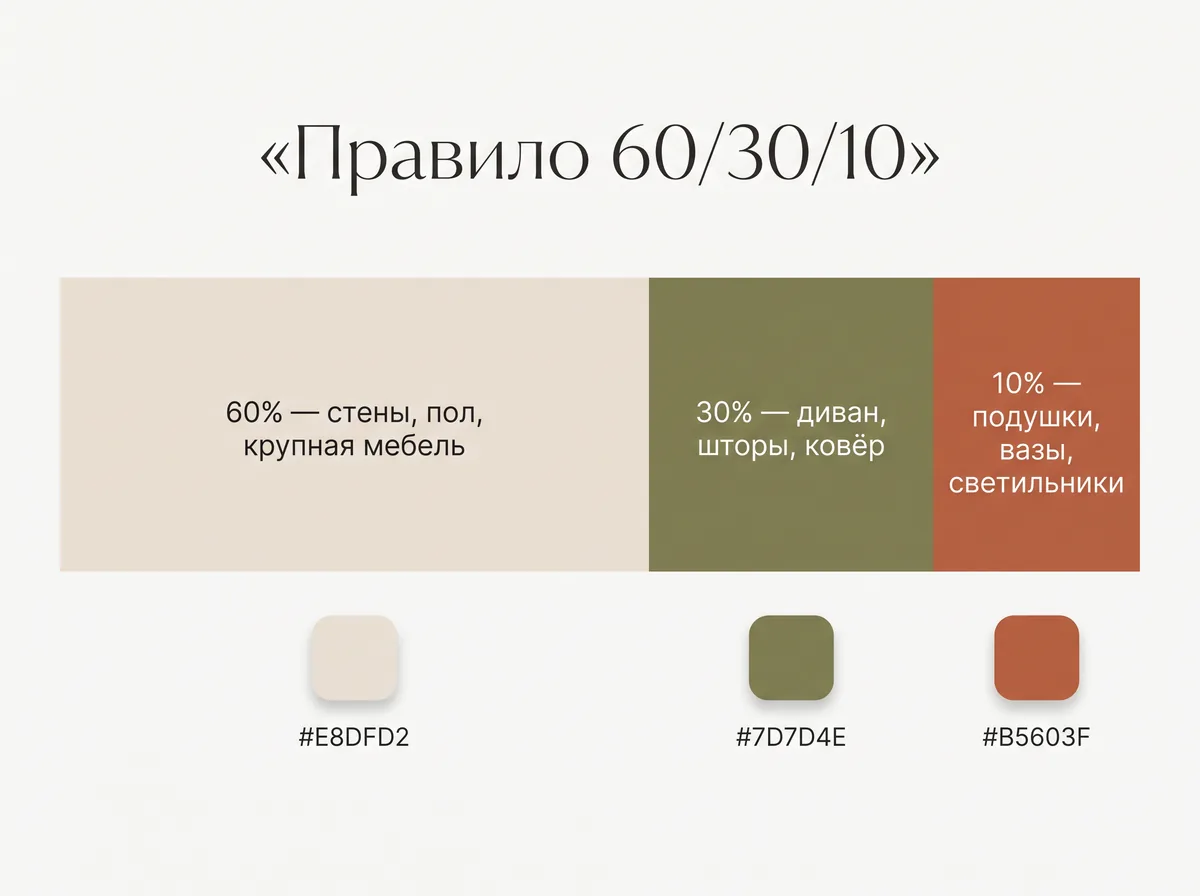 Инфографика правила 60/30/10: полоса из бежевого, оливкового и терракотового с подписями, что относится к каждой доле