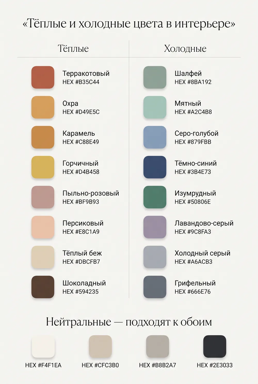 Шпаргалка: тёплые и холодные интерьерные цвета в двух колонках с названиями и HEX-кодами, внизу нейтральные цвета