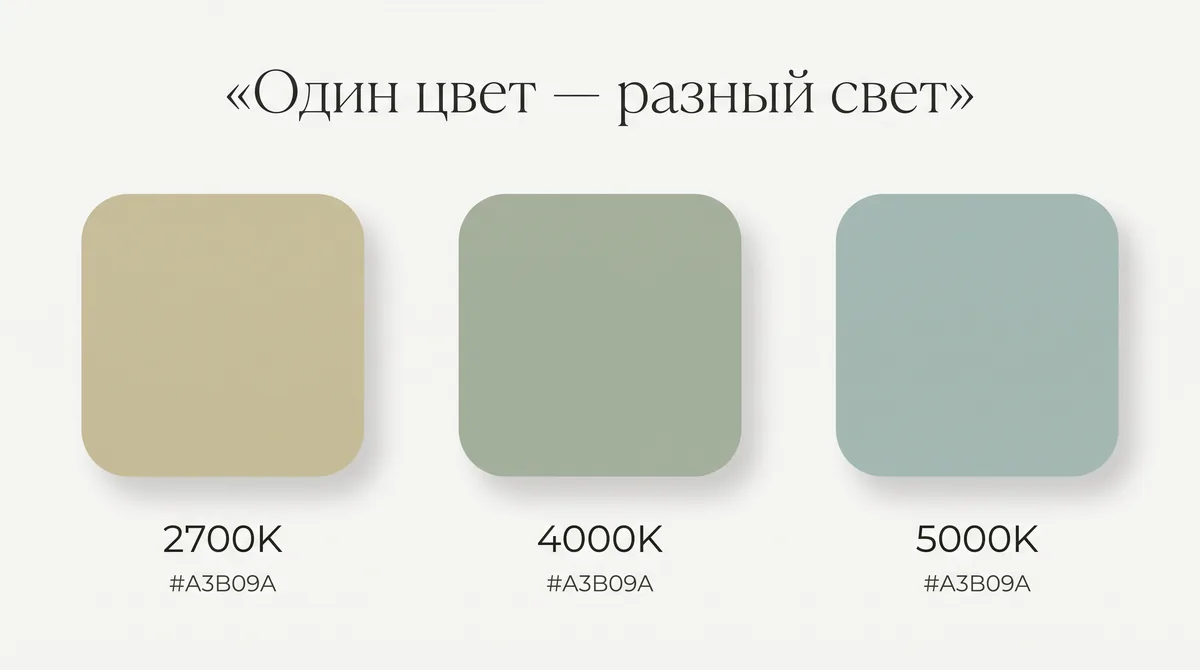 Одна и та же стена цвета шалфей при освещении 2700K, 4000K и 5000K