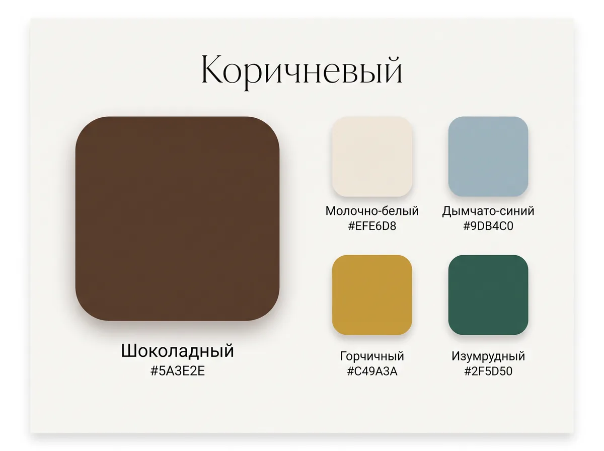 Палитра коричневого: шоколадный с молочным, туманно-голубым, горчичным и изумрудным
