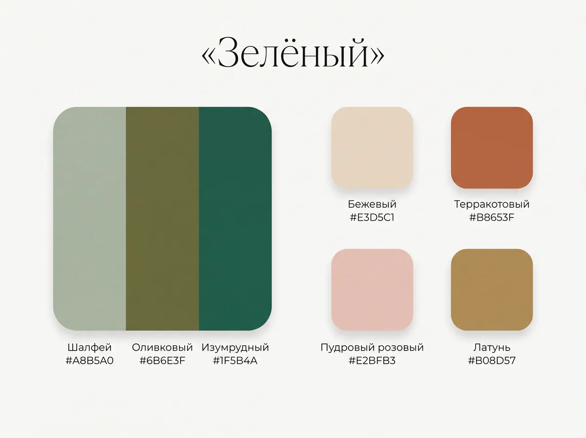 Палитра зелёного: шалфей, оливковый и изумрудный с бежевым, терракотой, пудровым розовым и латунью