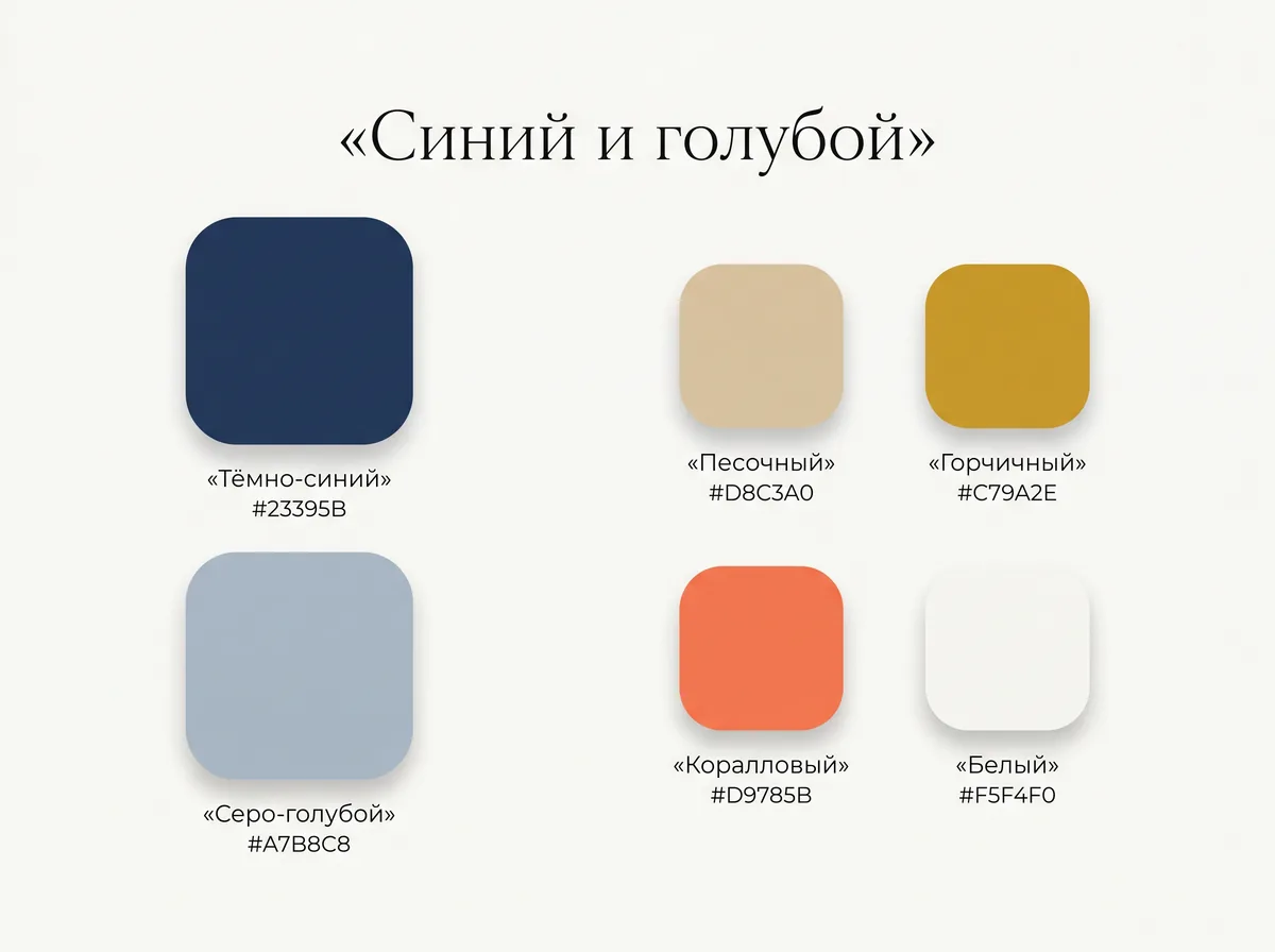 Палитра синего и голубого: тёмно-синий и серо-голубой с песочным, горчичным, коралловым и белым