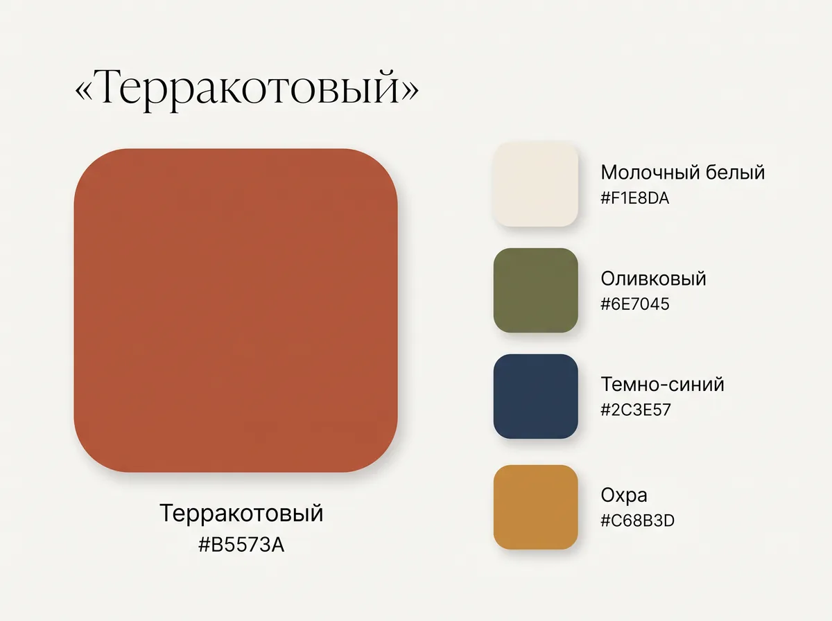 Палитра терракотового: терракота с молочным, оливковым, тёмно-синим и охрой