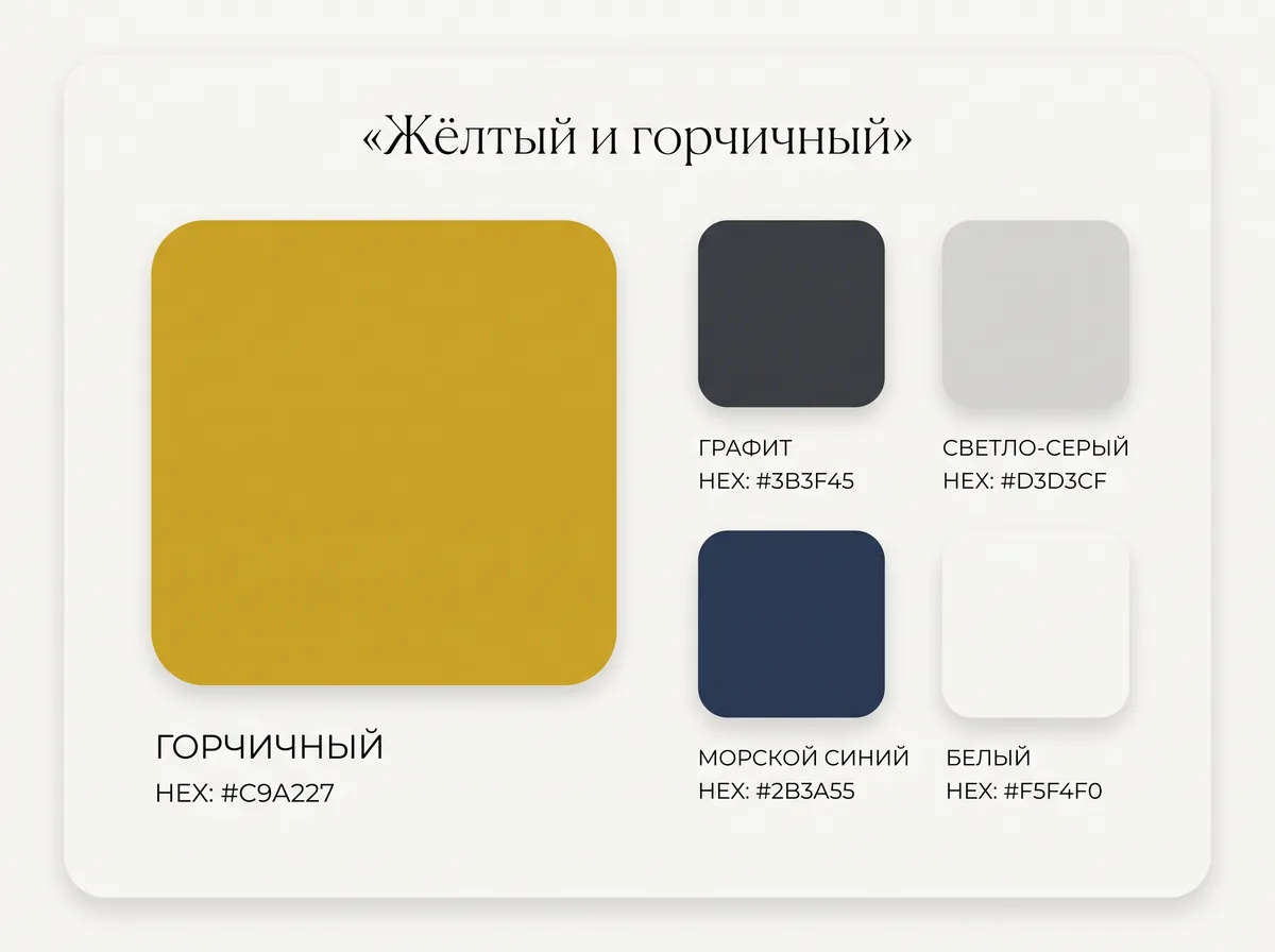 Палитра жёлтого и горчичного: горчичный с графитом, светло-серым, тёмно-синим и белым