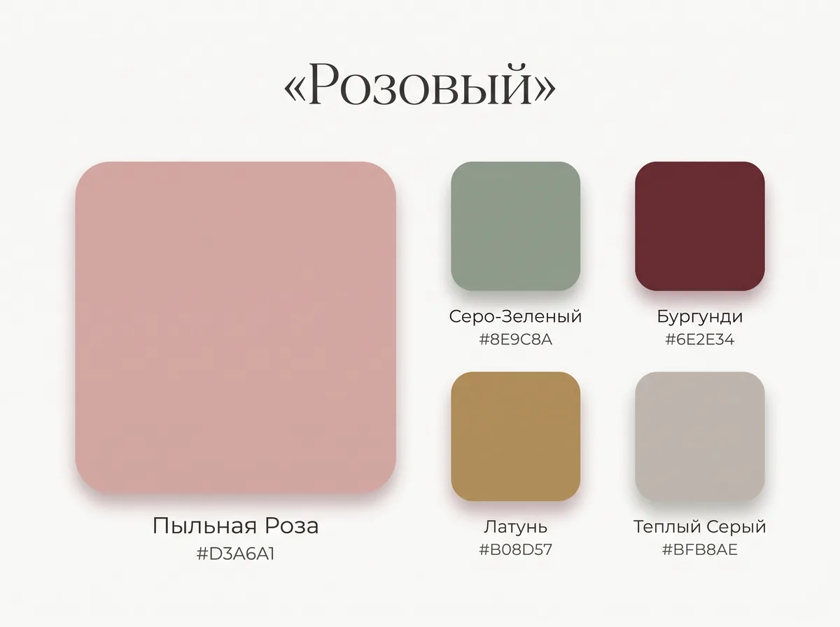 Палитра розового: пыльная роза с серо-зелёным, бордо, латунью и тёплым серым