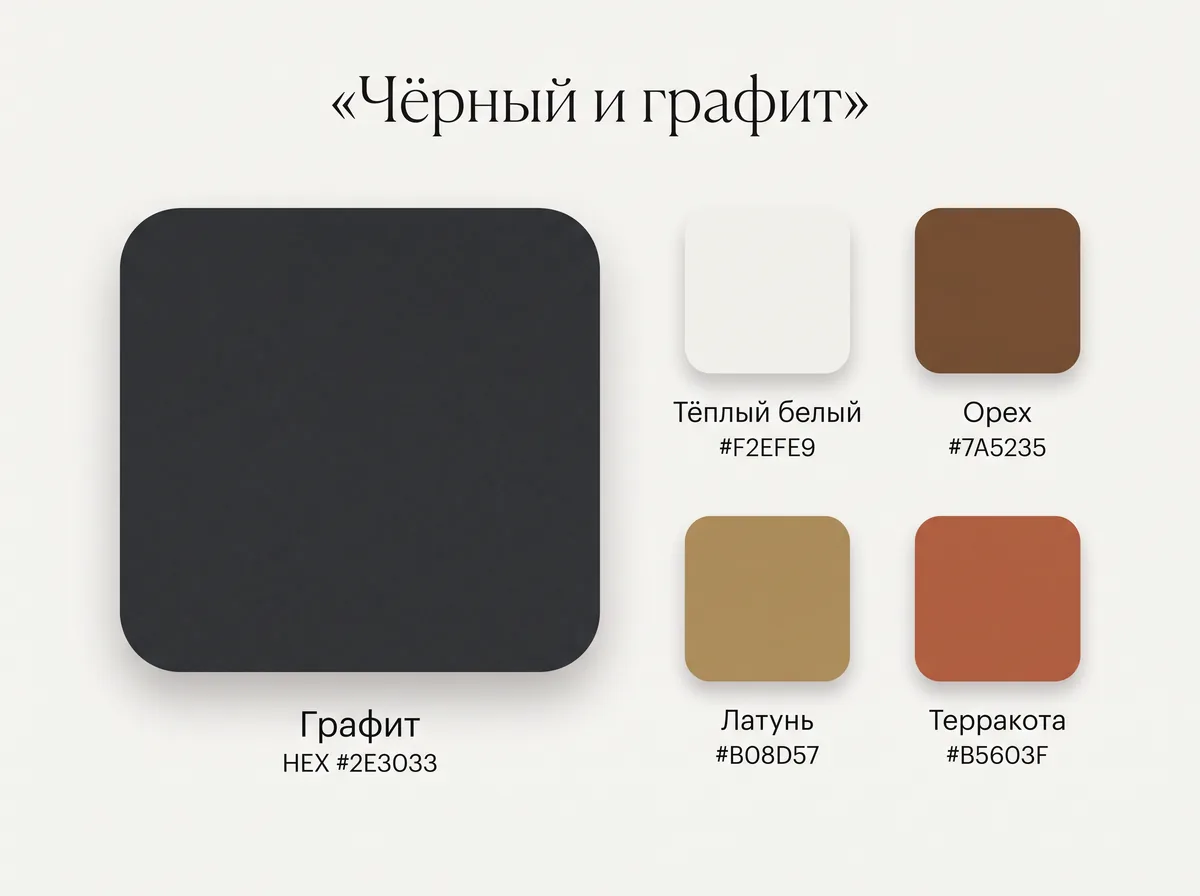 Палитра чёрного и графита: графит с тёплым белым, орехом, латунью и терракотой