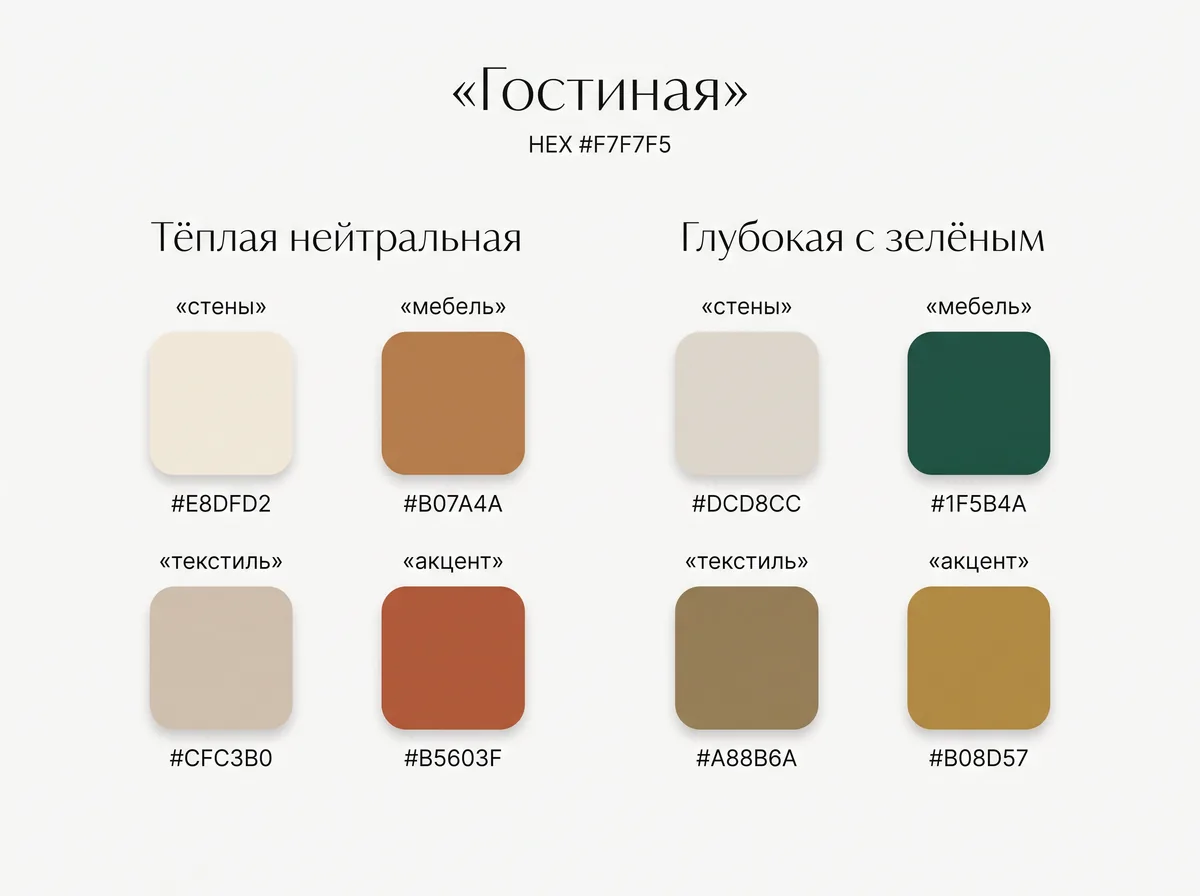 Две палитры для гостиной: тёплая нейтральная и глубокая с зелёным, с ролями цветов стены, мебель, текстиль, акцент