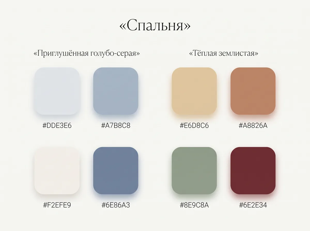 Две палитры для спальни: приглушённая голубо-серая и тёплая землистая