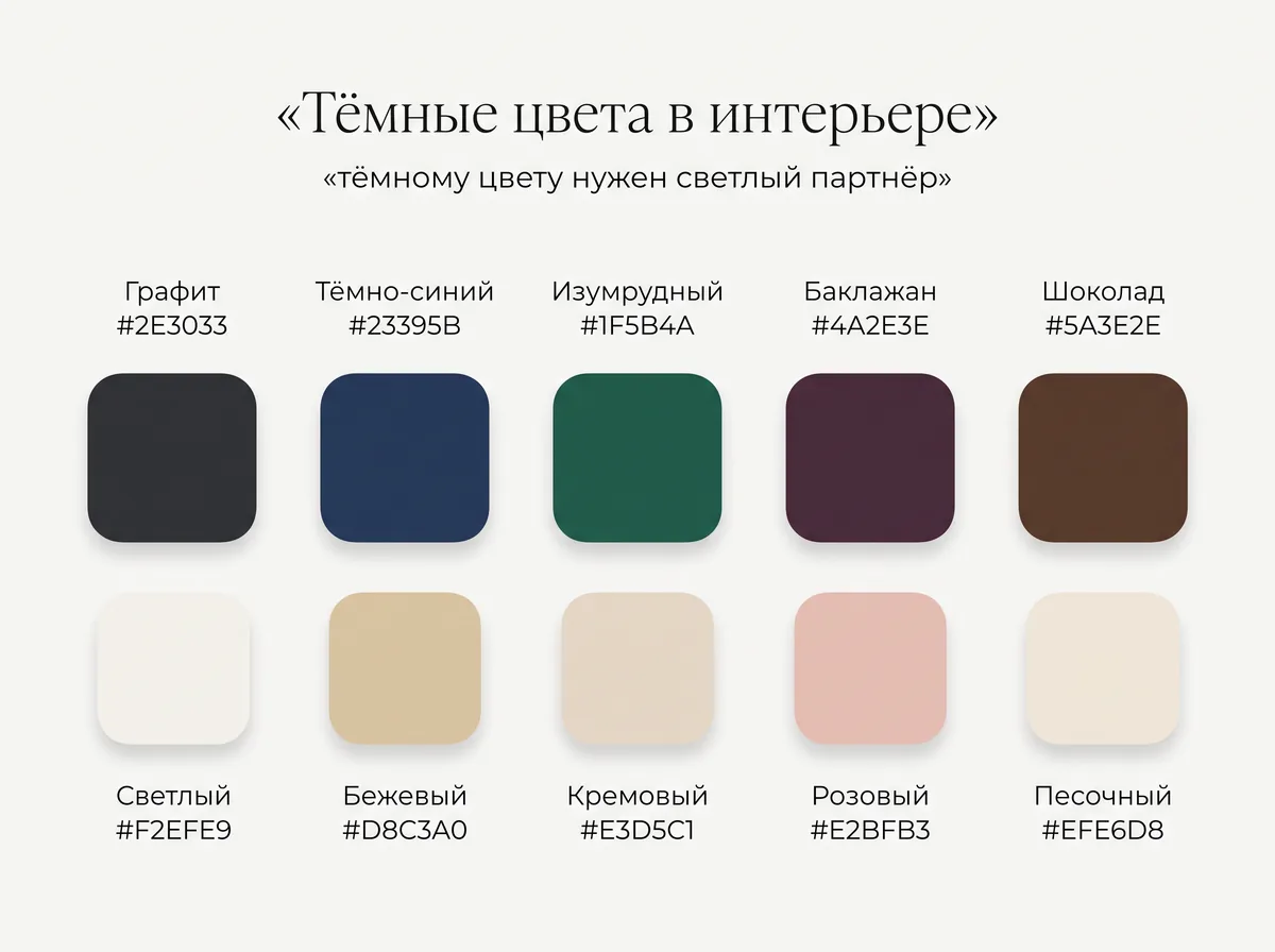Палитра тёмных тонов: графит, тёмно-синий, изумруд, баклажан, шоколад и светлые цвета-партнёры к каждому