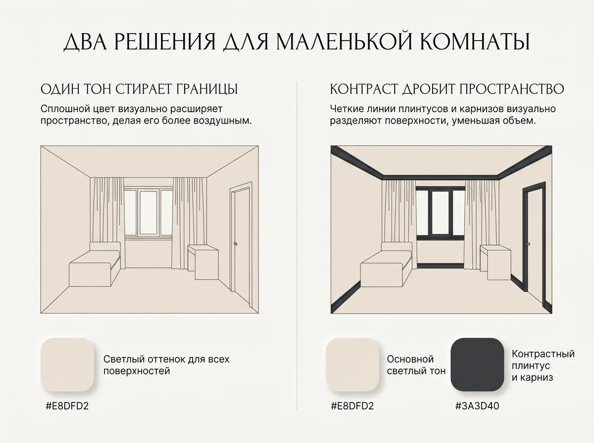 Схема маленькой комнаты: стены, потолок и шторы в одном светлом тоне против контрастных плинтусов и карниза