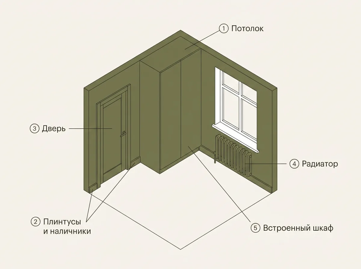 Схема комнаты: стены, потолок, плинтусы, дверь с коробкой, радиатор и встроенный шкаф отмечены как поверхности, которые красят в один цвет