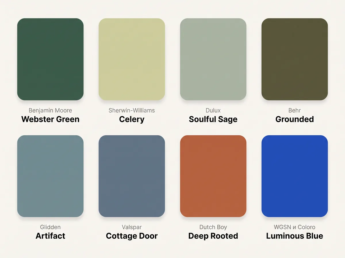 Образцы цветов 2027 года семи производителей: Webster Green, Celery, Soulful Sage, Grounded, Artifact, Cottage Door, Deep Rooted, и цвет WGSN Luminous Blue